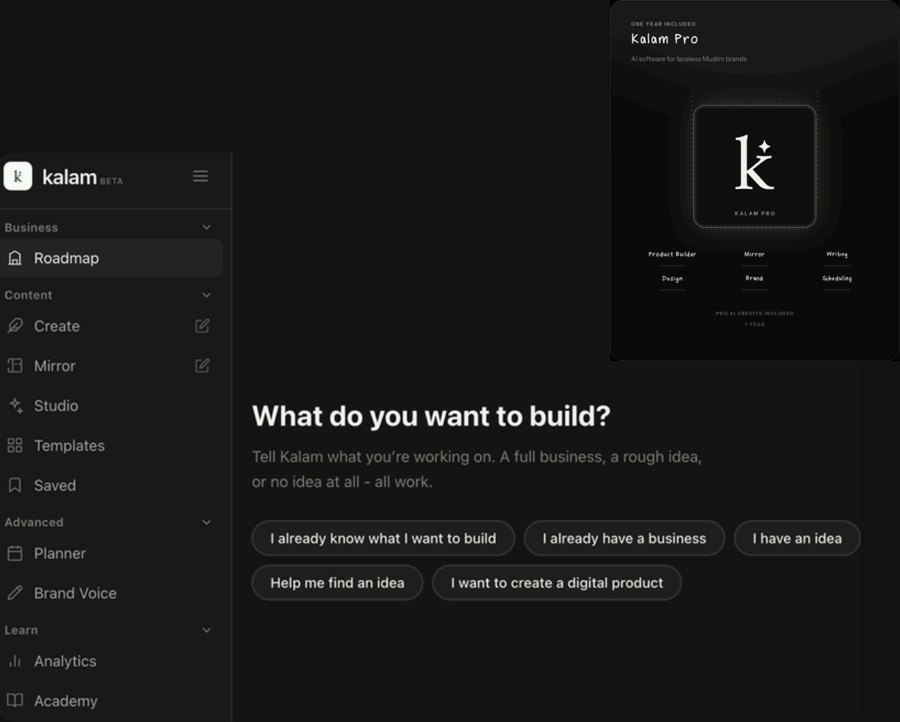 The Kalam Pro app asking What do you want to build?